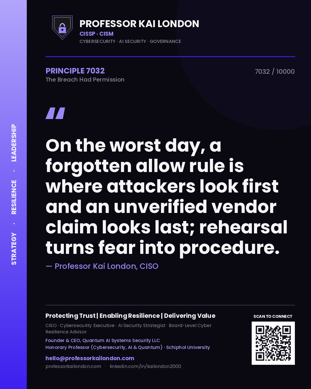 Quote card by Professor Kai London reading 'On the worst day, a forgotten allow rule is where attackers look first and an unverified vendor claim looks last; rehearsal turns fear into procedure.'. From the book The Breach Had Permission.