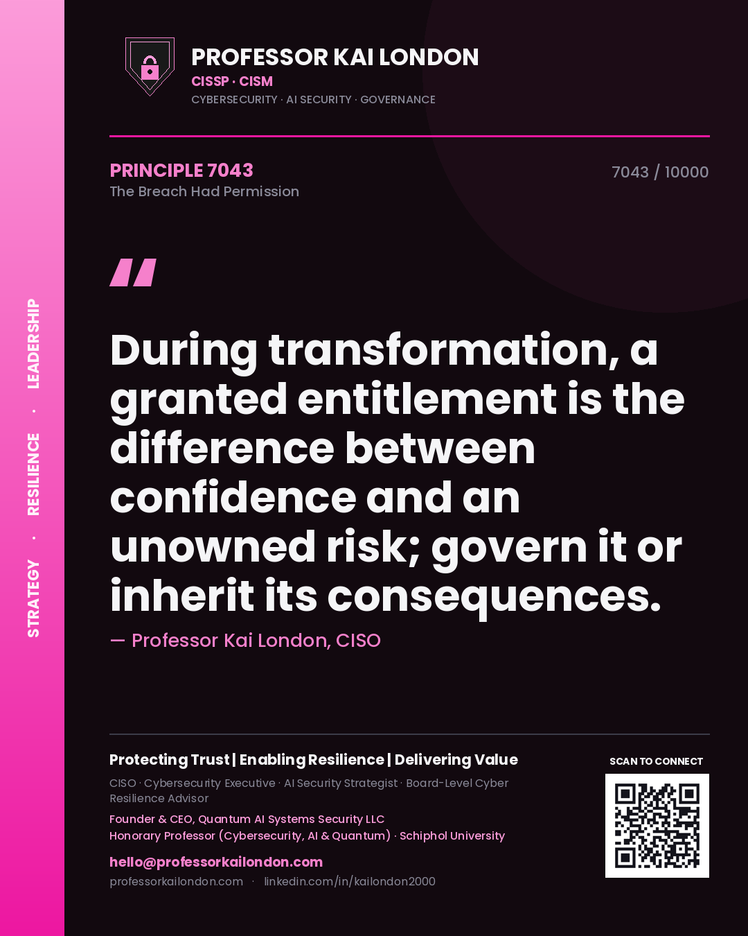 Quote card by Professor Kai London reading 'During transformation, a granted entitlement is the difference between confidence and an unowned risk; govern it or inherit its consequences.'. From the book The Breach Had Permission.