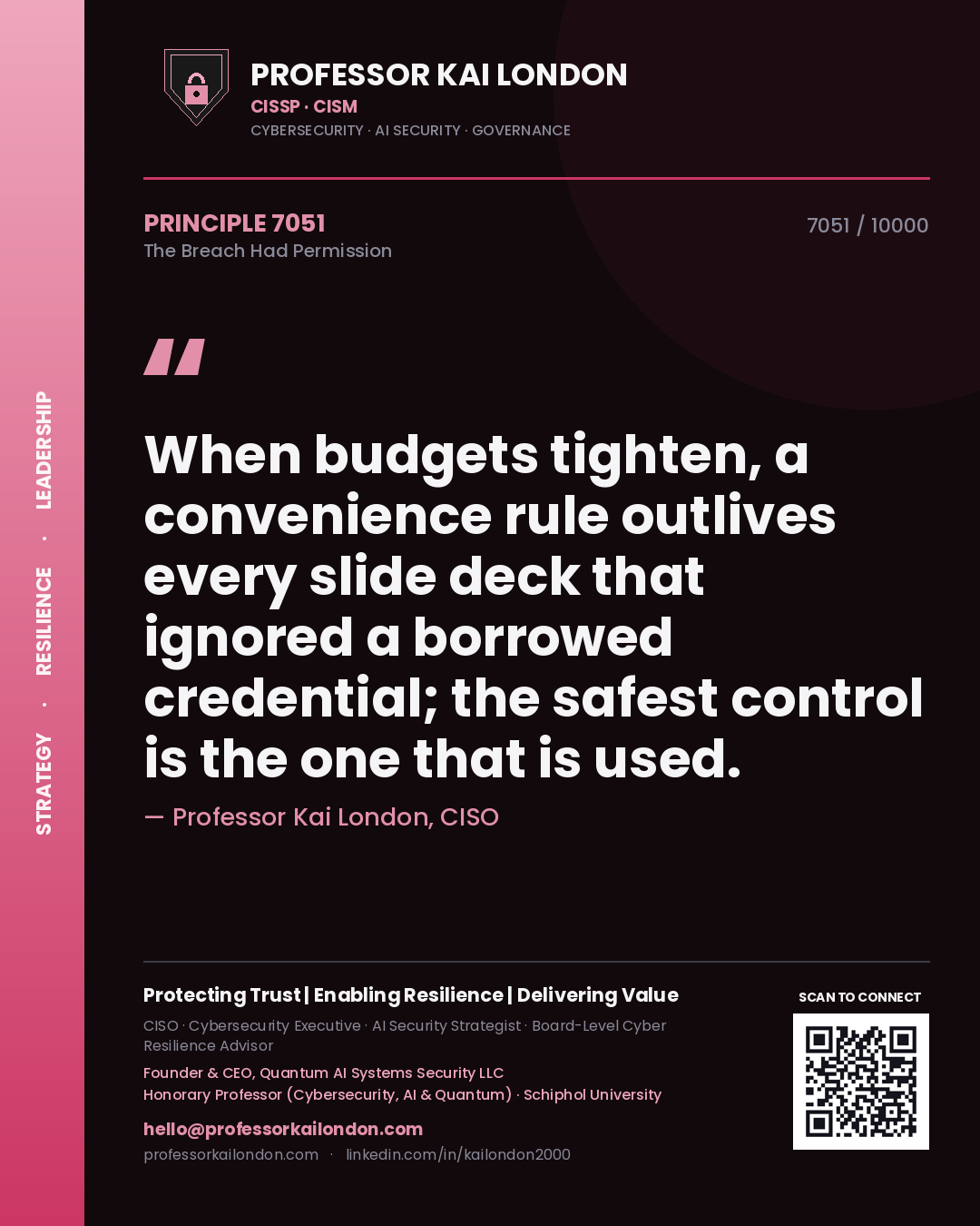 Professor Kai London principle 7051: When budgets tighten, a convenience rule outlives every slide deck that ignored a borrowed credential; the safest control is the one that is used.