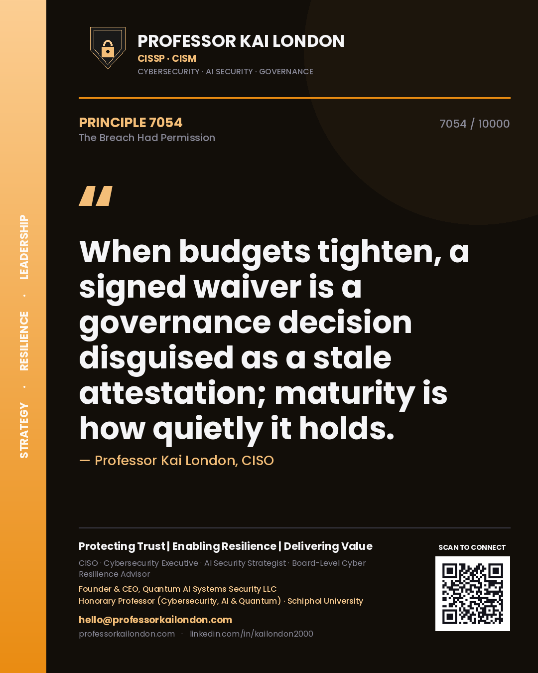 Quote card by Professor Kai London reading 'When budgets tighten, a signed waiver is a governance decision disguised as a stale attestation; maturity is how quietly it holds.'. From the book The Breach Had Permission.