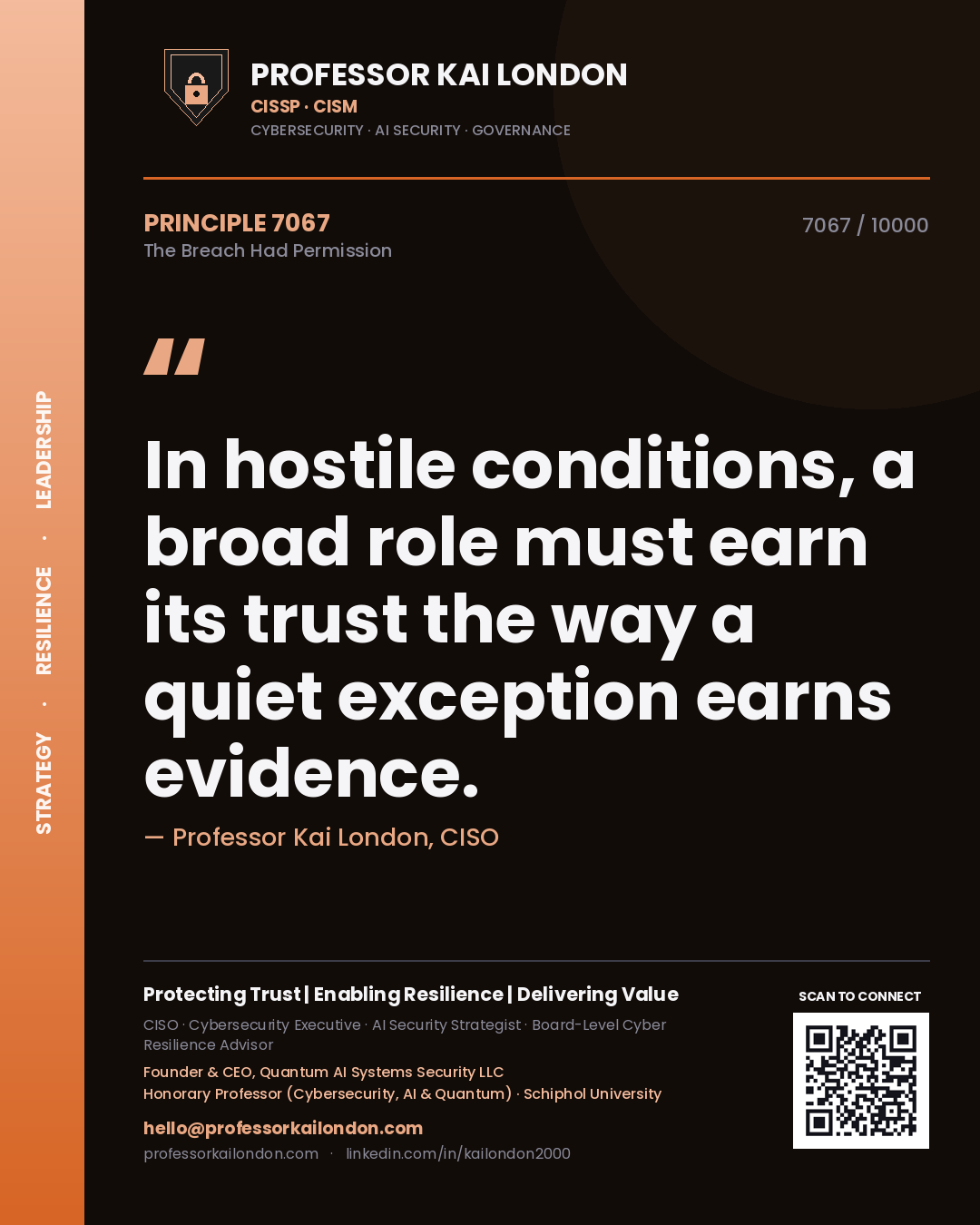 Quote card by Professor Kai London reading 'In hostile conditions, a broad role must earn its trust the way a quiet exception earns evidence.'. From the book The Breach Had Permission.