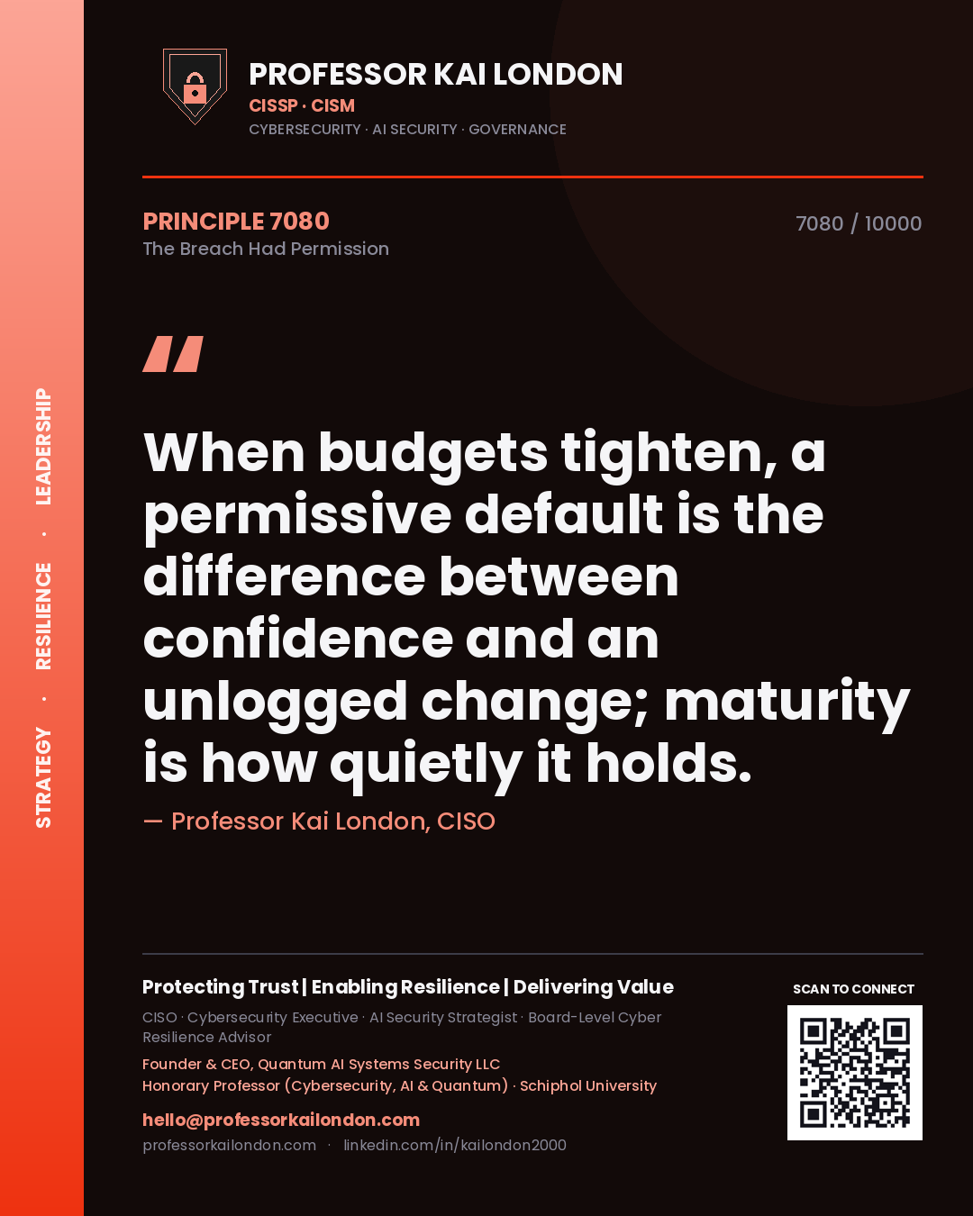 Professor Kai London principle 7080: When budgets tighten, a permissive default is the difference between confidence and an unlogged change; maturity is how quietly it holds.