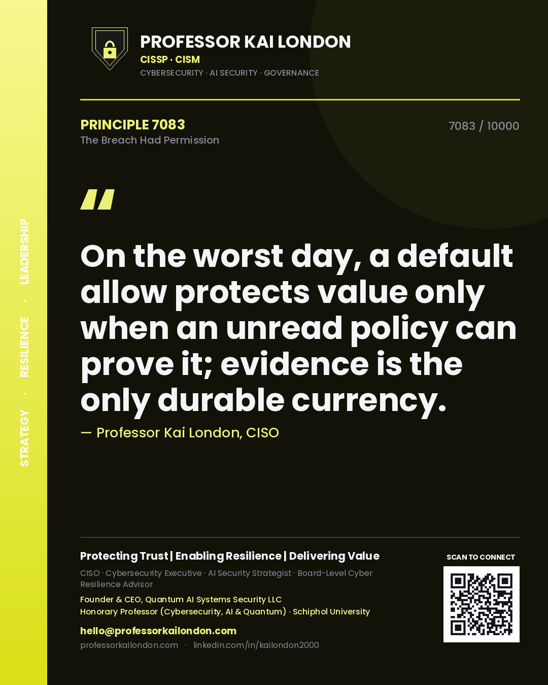 Quote card by Professor Kai London reading 'On the worst day, a default allow protects value only when an unread policy can prove it; evidence is the only durable currency.'. From the book The Breach Had Permission.