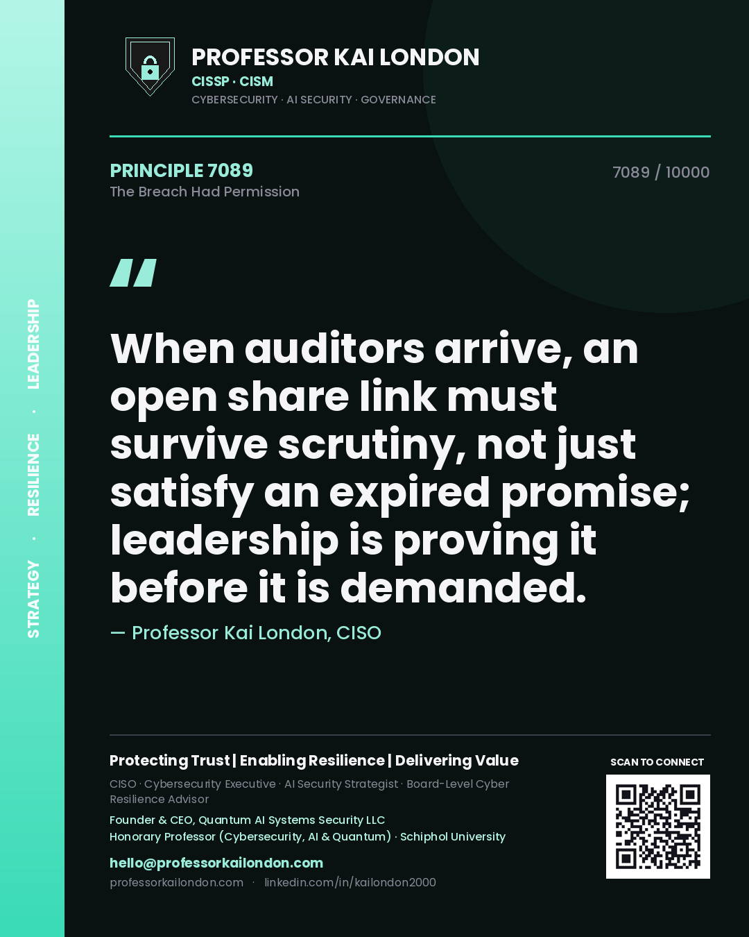 Professor Kai London principle 7089: When auditors arrive, an open share link must survive scrutiny, not just satisfy an expired promise; leadership is proving it before it is demanded.