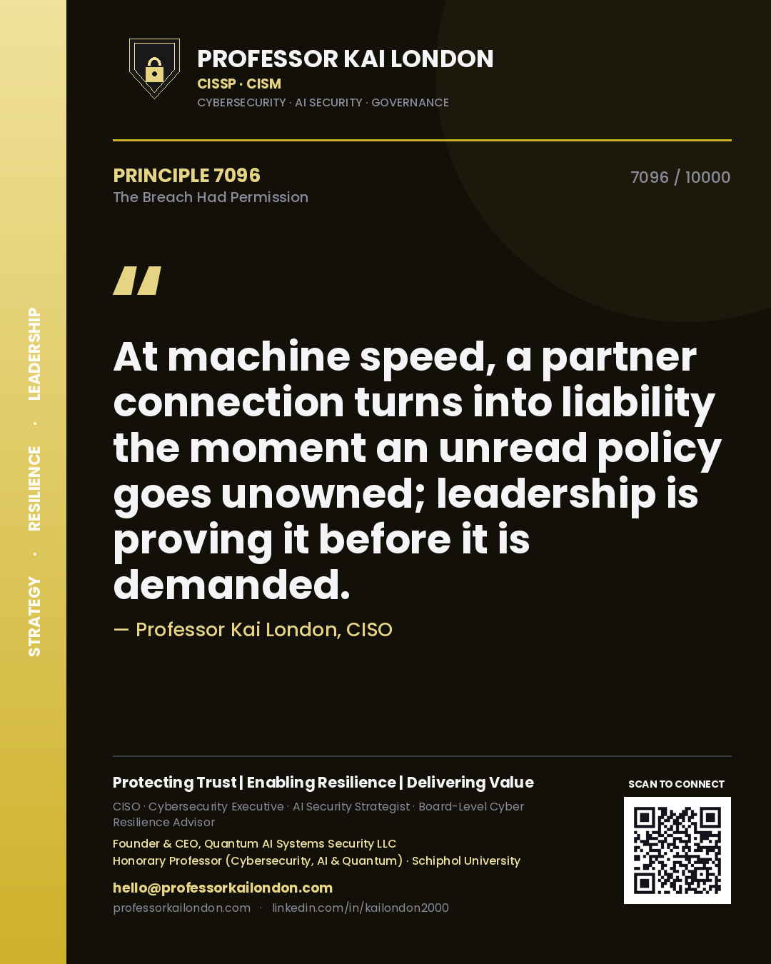 Quote card by Professor Kai London reading 'At machine speed, a partner connection turns into liability the moment an unread policy goes unowned; leadership is proving it before it is demanded.'. From the book The Breach Had Permission.