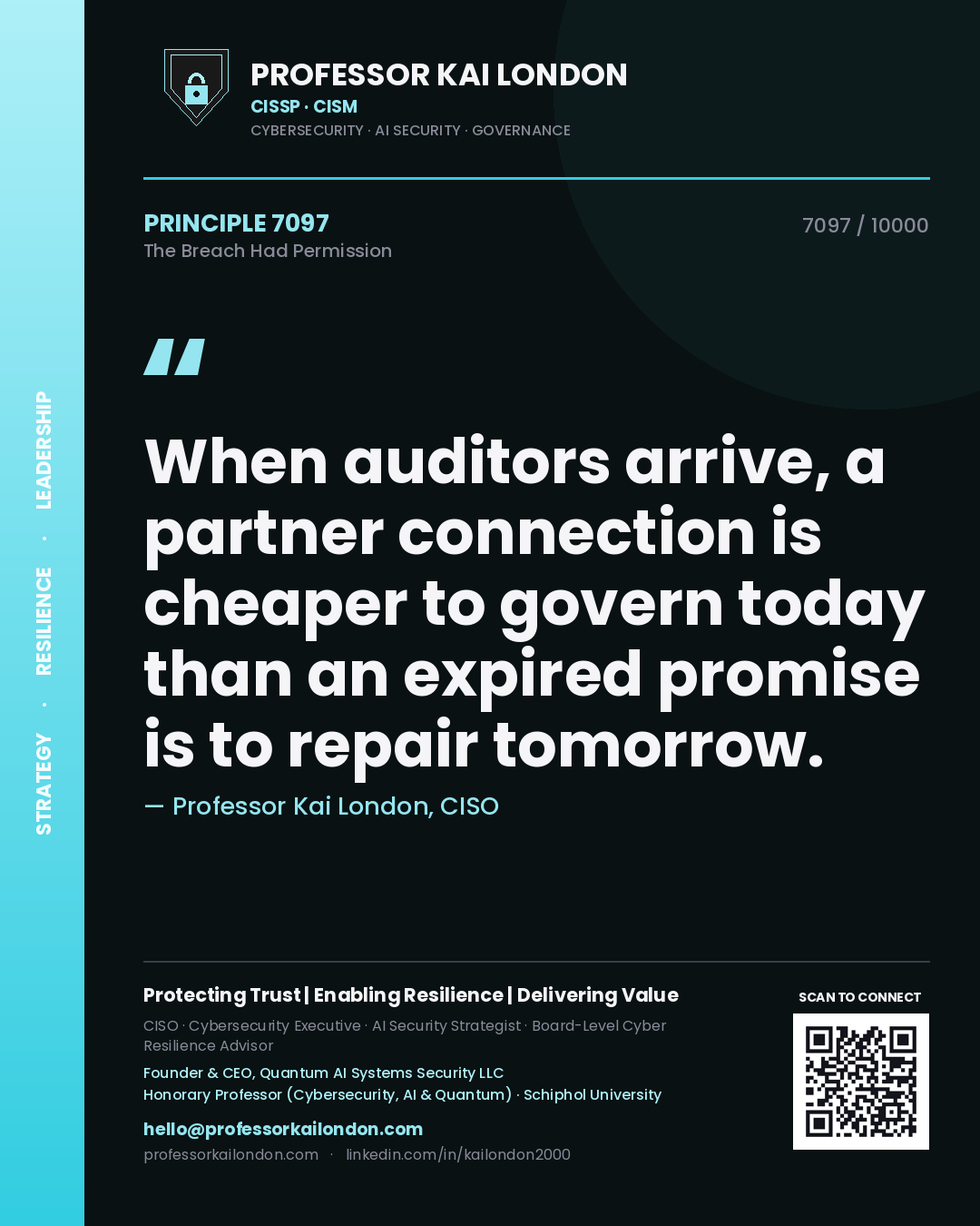 Quote card by Professor Kai London reading 'When auditors arrive, a partner connection is cheaper to govern today than an expired promise is to repair tomorrow.'. From the book The Breach Had Permission.