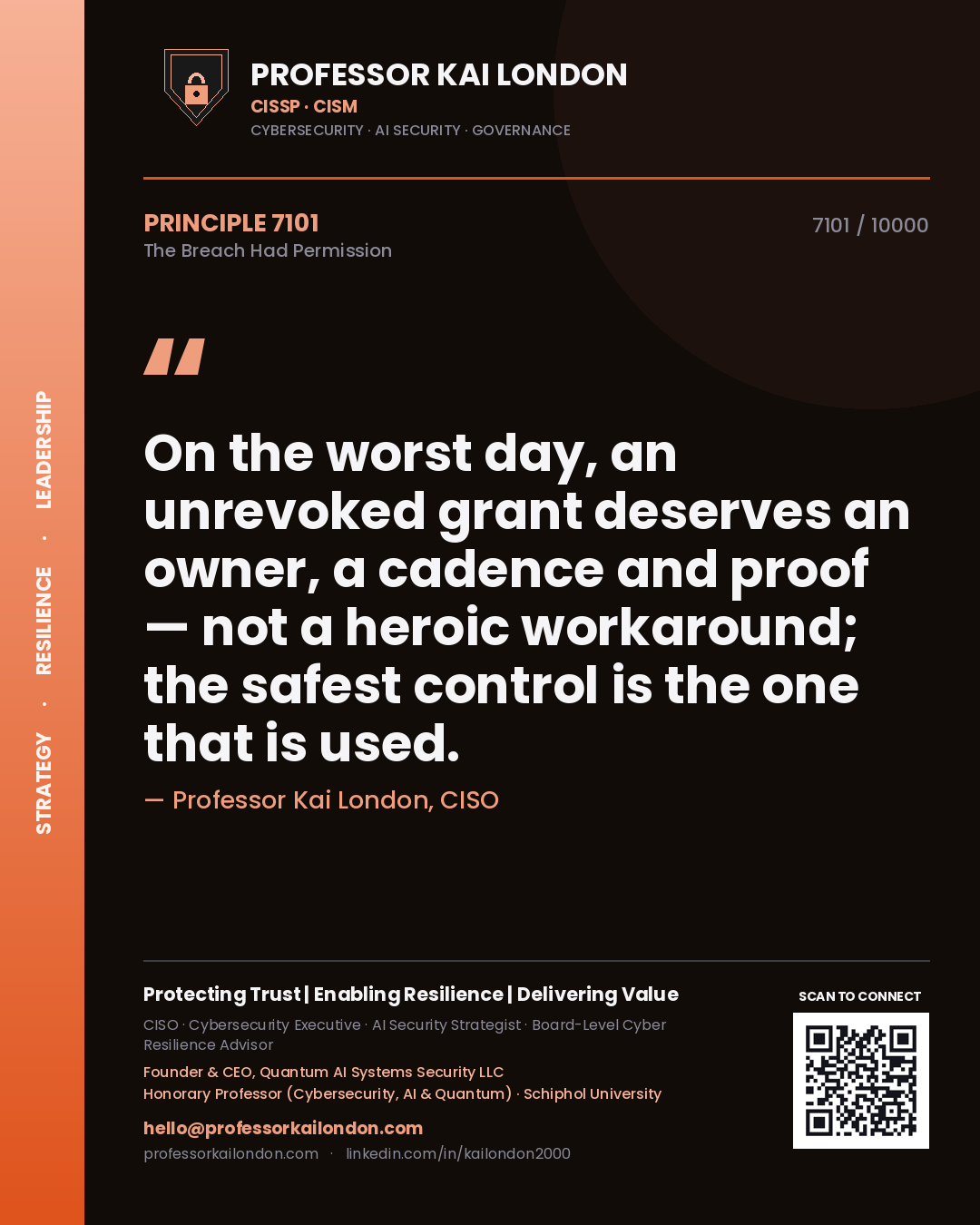 Professor Kai London principle 7101: On the worst day, an unrevoked grant deserves an owner, a cadence and proof — not a heroic workaround; the safest control is the one that is used.