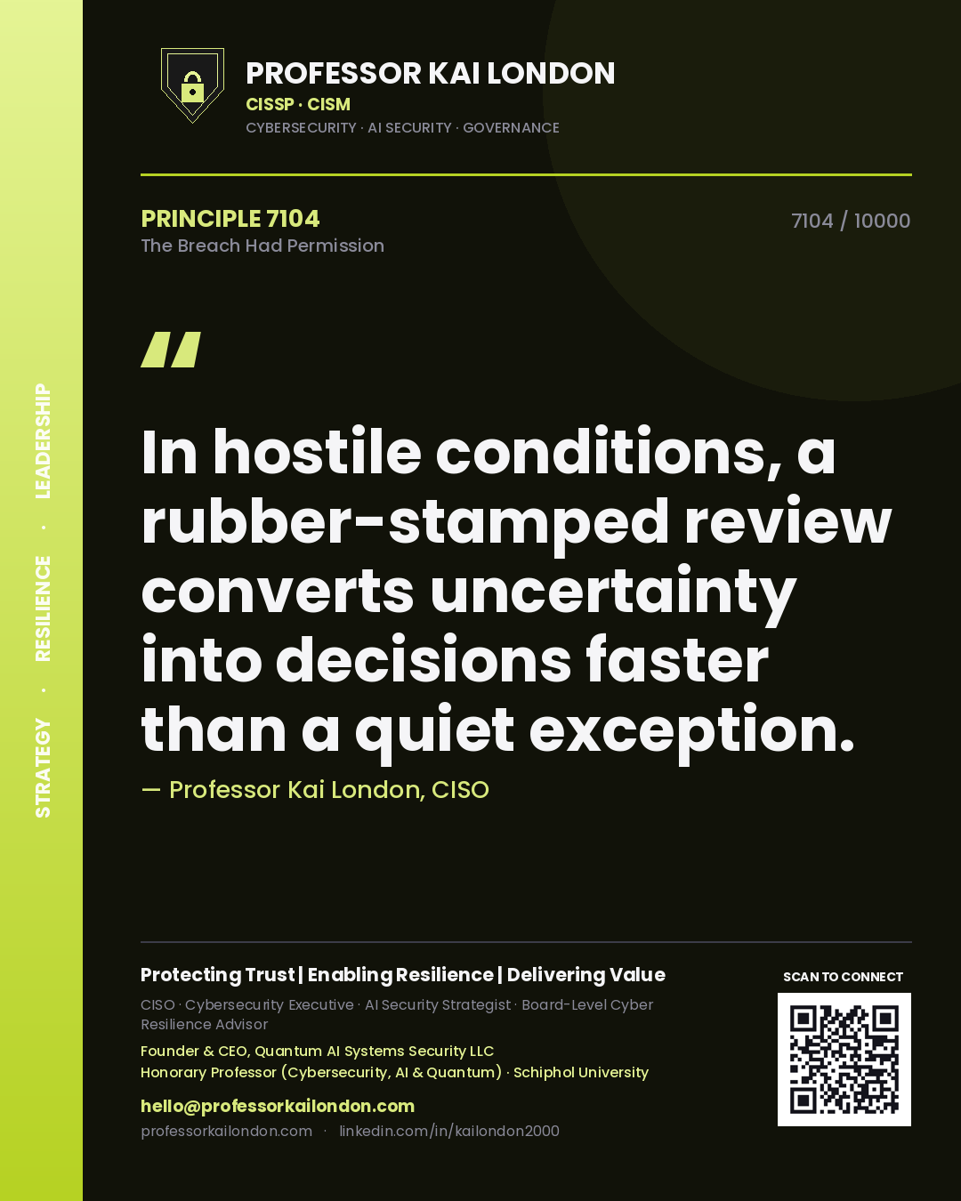 Quote card by Professor Kai London reading 'In hostile conditions, a rubber-stamped review converts uncertainty into decisions faster than a quiet exception.'. From the book The Breach Had Permission.