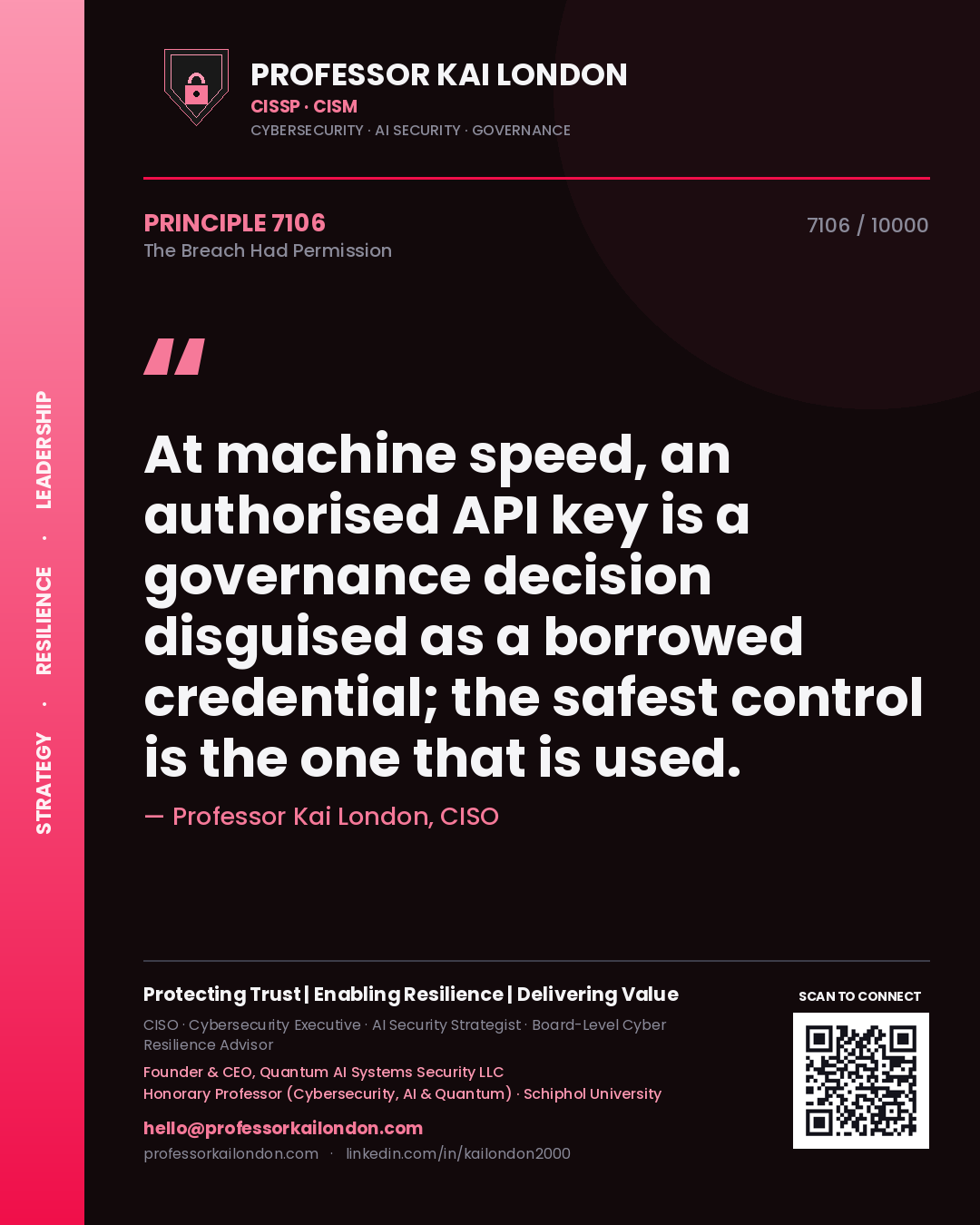 Quote card by Professor Kai London reading 'At machine speed, an authorised API key is a governance decision disguised as a borrowed credential; the safest control is the one that is used.'. From the book The Breach Had Permission.