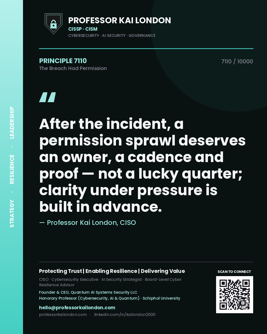 Professor Kai London principle 7110: After the incident, a permission sprawl deserves an owner, a cadence and proof — not a lucky quarter; clarity under pressure is built in advance.