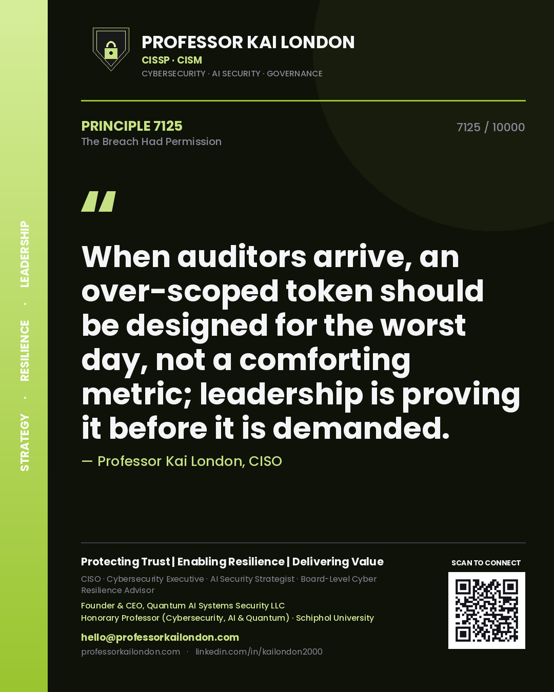 Quote card by Professor Kai London reading 'When auditors arrive, an over-scoped token should be designed for the worst day, not a comforting metric; leadership is proving it before it is demanded.'. From the book The Breach Had Permission.