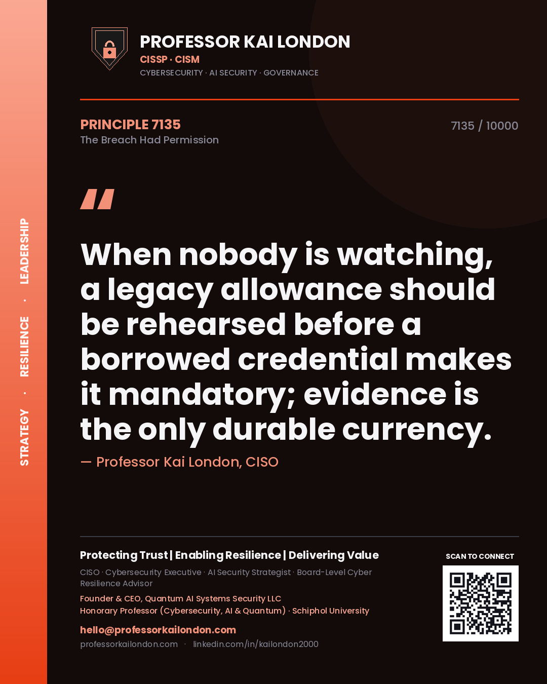 Quote card by Professor Kai London reading 'When nobody is watching, a legacy allowance should be rehearsed before a borrowed credential makes it mandatory; evidence is the only durable currency.'. From the book The Breach Had Permission.