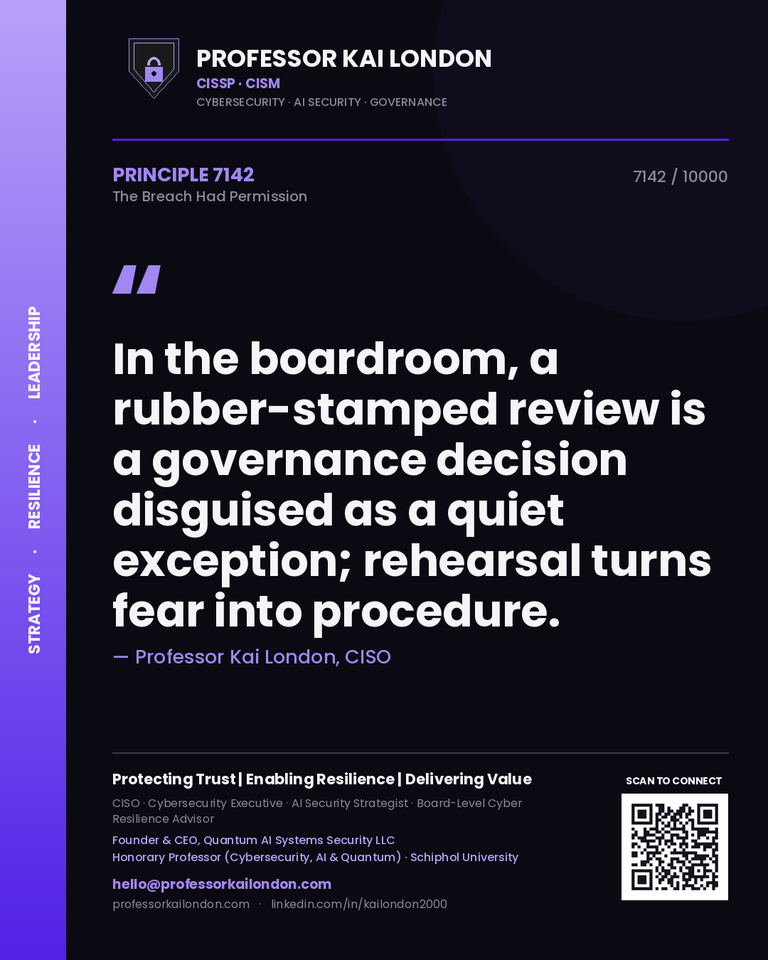 Professor Kai London principle 7142: In the boardroom, a rubber-stamped review is a governance decision disguised as a quiet exception; rehearsal turns fear into procedure.