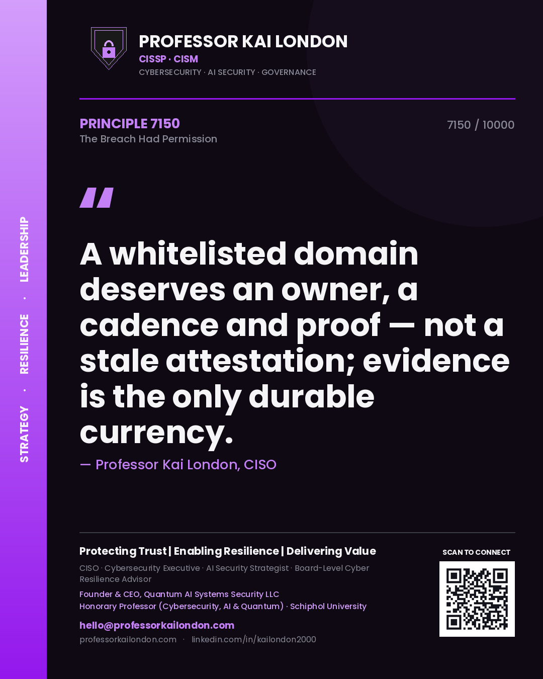 Professor Kai London principle 7150: A whitelisted domain deserves an owner, a cadence and proof — not a stale attestation; evidence is the only durable currency.