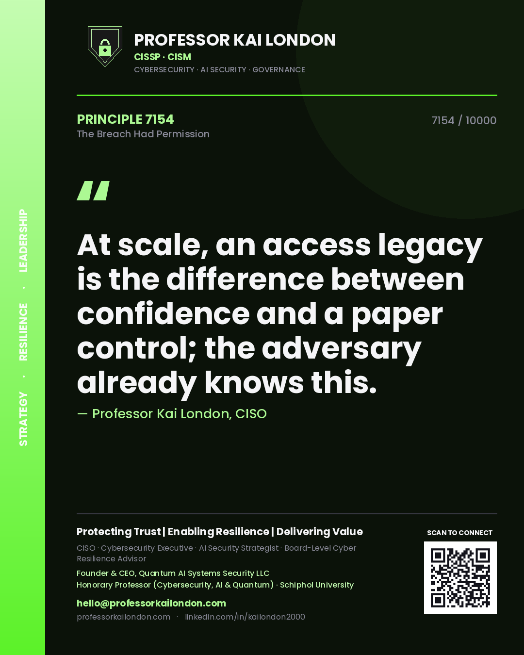Professor Kai London principle 7154: At scale, an access legacy is the difference between confidence and a paper control; the adversary already knows this.