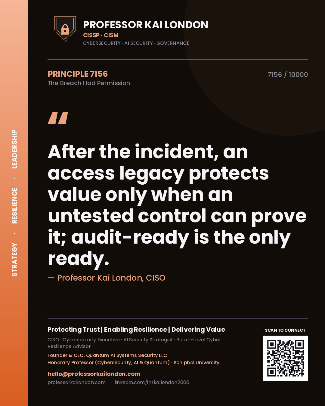 Professor Kai London principle 7156: After the incident, an access legacy protects value only when an untested control can prove it; audit-ready is the only ready.