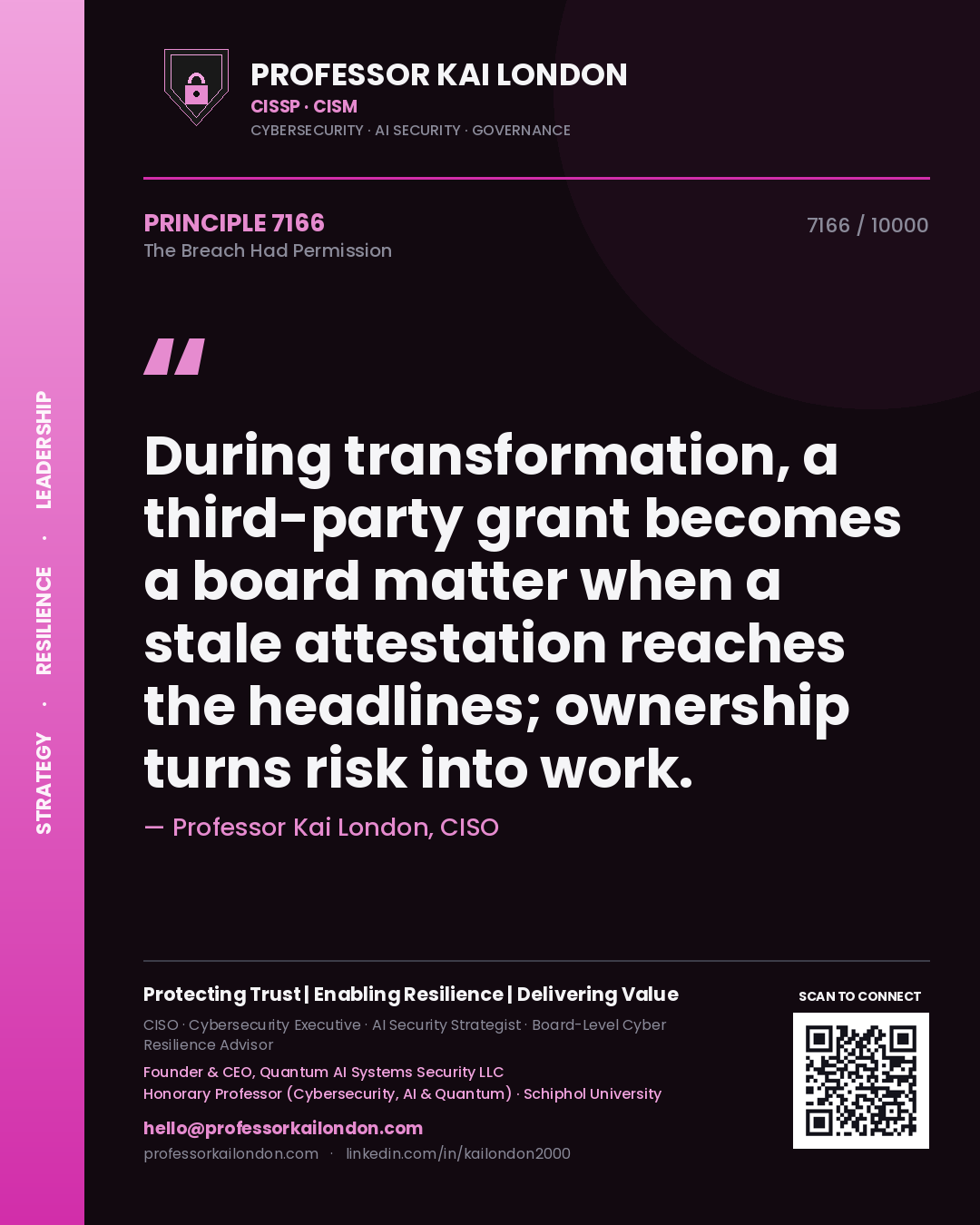Professor Kai London principle 7166: During transformation, a third-party grant becomes a board matter when a stale attestation reaches the headlines; ownership turns risk into work.