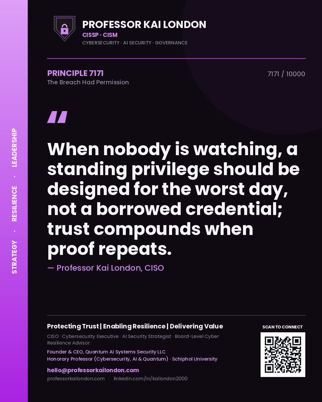 Professor Kai London principle 7171: When nobody is watching, a standing privilege should be designed for the worst day, not a borrowed credential; trust compounds when proof repeats.