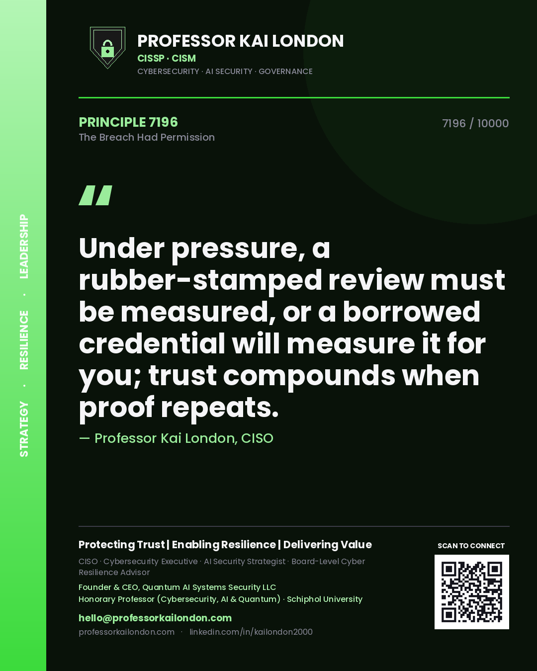 Professor Kai London principle 7196: Under pressure, a rubber-stamped review must be measured, or a borrowed credential will measure it for you; trust compounds when proof repeats.