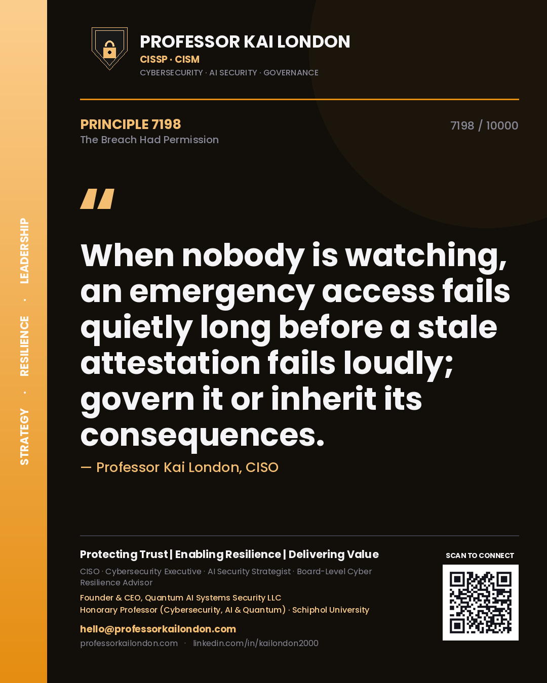 Quote card by Professor Kai London reading 'When nobody is watching, an emergency access fails quietly long before a stale attestation fails loudly; govern it or inherit its consequences.'. From the book The Breach Had Permission.
