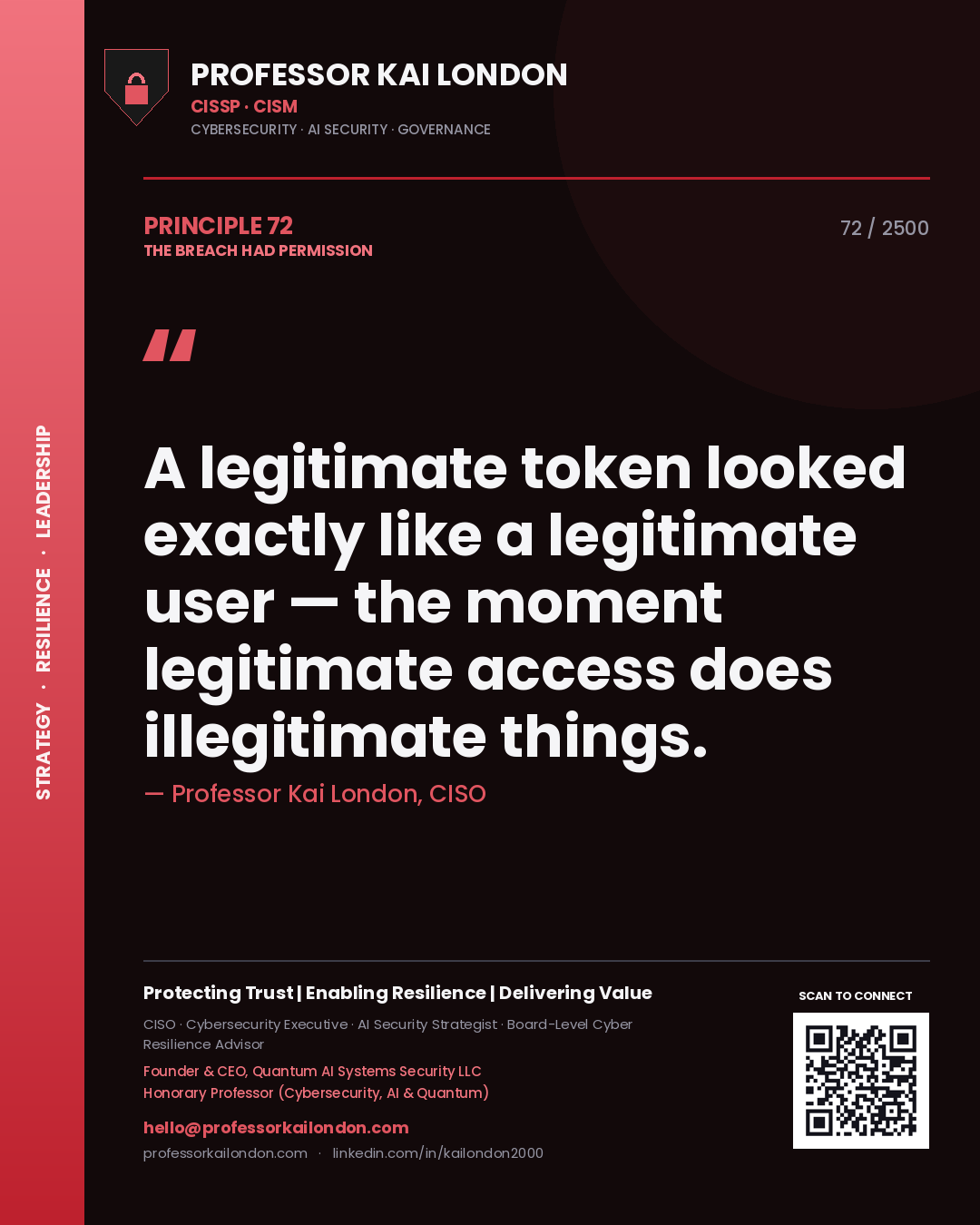 Professor Kai London principle 72: A legitimate token looked exactly like a legitimate user — the moment legitimate access does illegitimate things.
