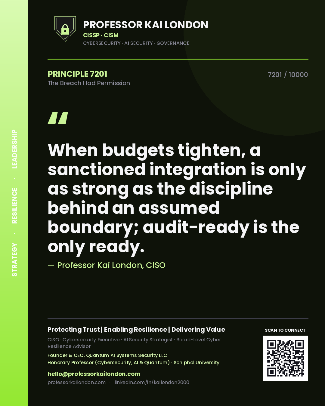 Professor Kai London principle 7201: When budgets tighten, a sanctioned integration is only as strong as the discipline behind an assumed boundary; audit-ready is the only ready.