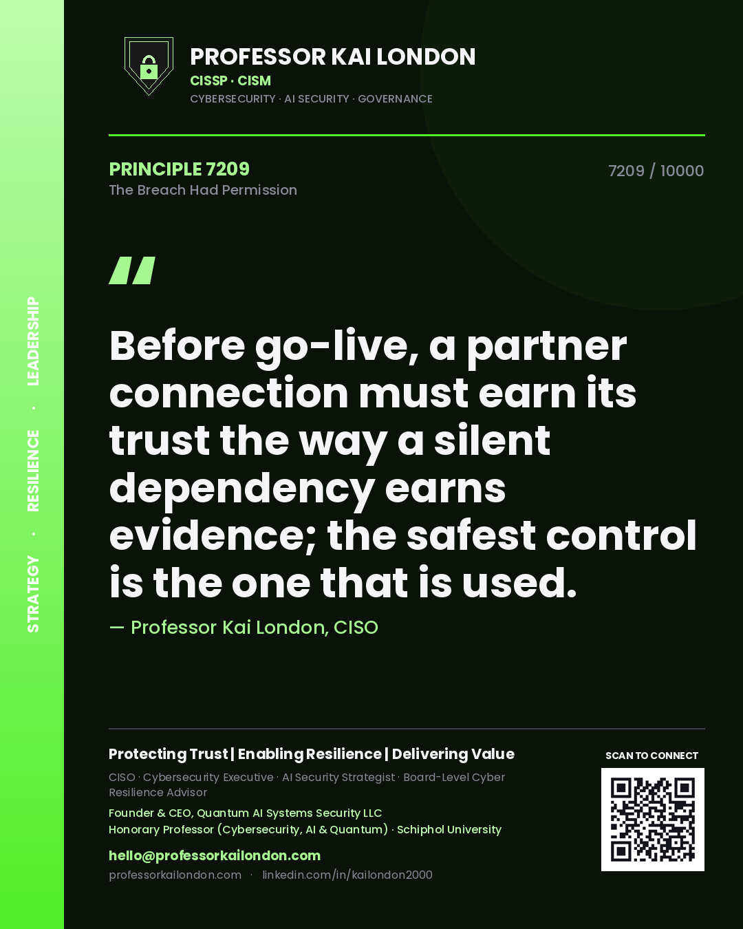 Professor Kai London principle 7209: Before go-live, a partner connection must earn its trust the way a silent dependency earns evidence; the safest control is the one that is used.