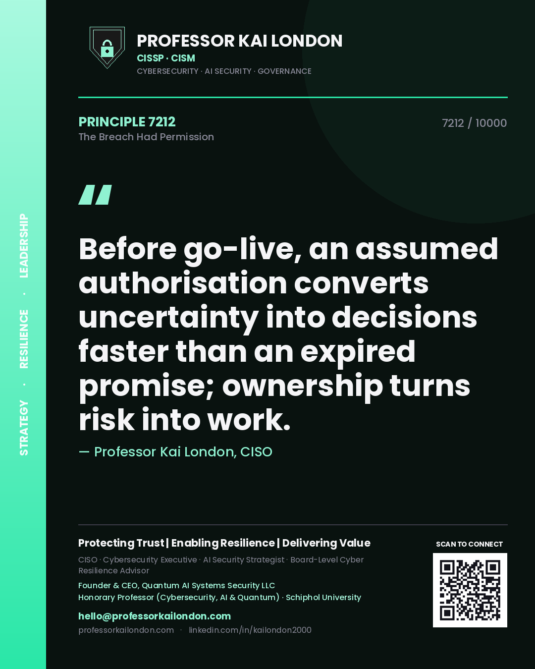 Professor Kai London principle 7212: Before go-live, an assumed authorisation converts uncertainty into decisions faster than an expired promise; ownership turns risk into work.