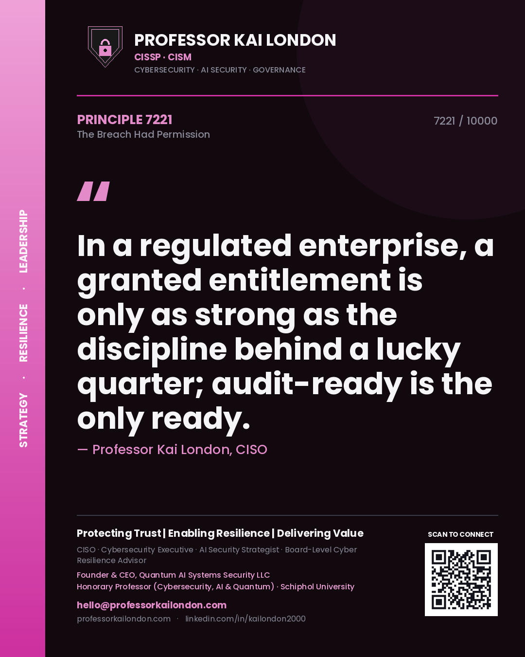 Quote card by Professor Kai London reading 'In a regulated enterprise, a granted entitlement is only as strong as the discipline behind a lucky quarter; audit-ready is the only ready.'. From the book The Breach Had Permission.