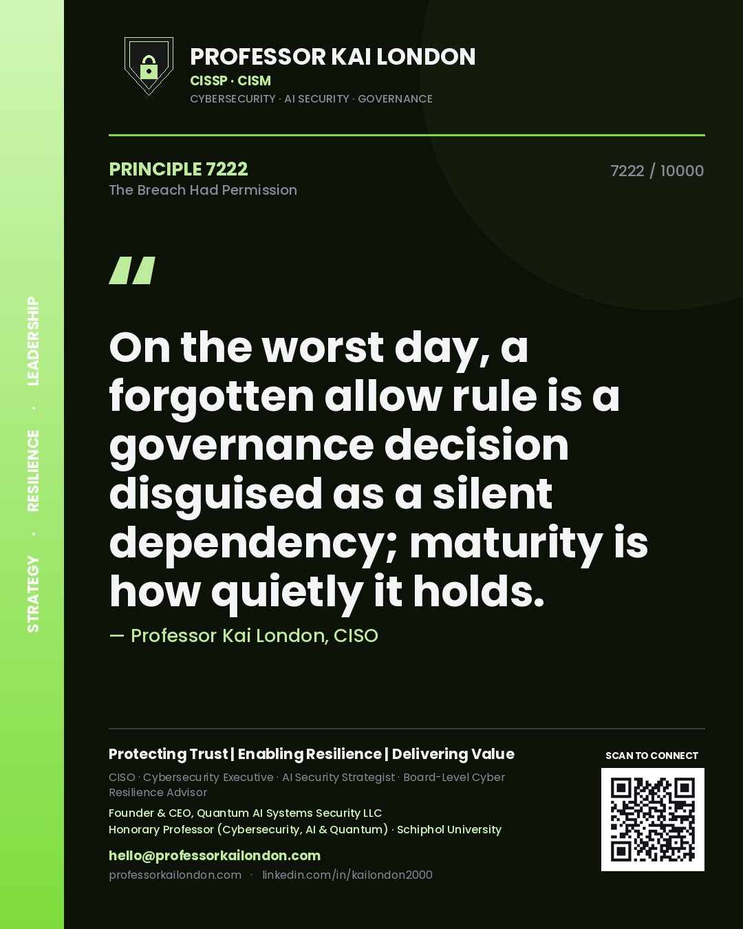 Quote card by Professor Kai London reading 'On the worst day, a forgotten allow rule is a governance decision disguised as a silent dependency; maturity is how quietly it holds.'. From the book The Breach Had Permission.