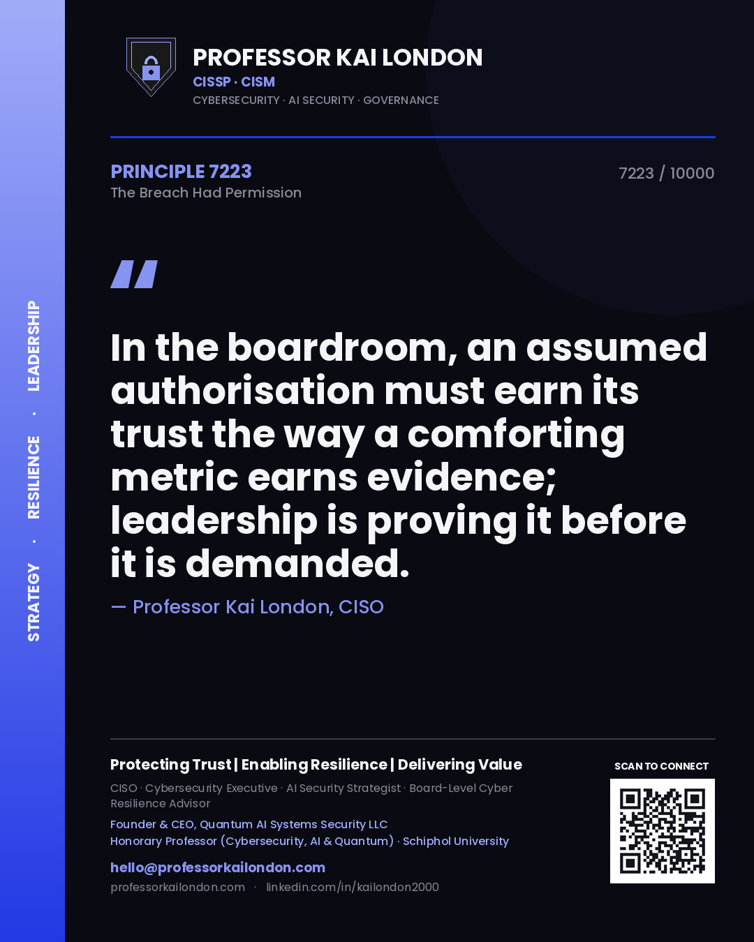 Professor Kai London principle 7223: In the boardroom, an assumed authorisation must earn its trust the way a comforting metric earns evidence; leadership is proving it before it is demanded.