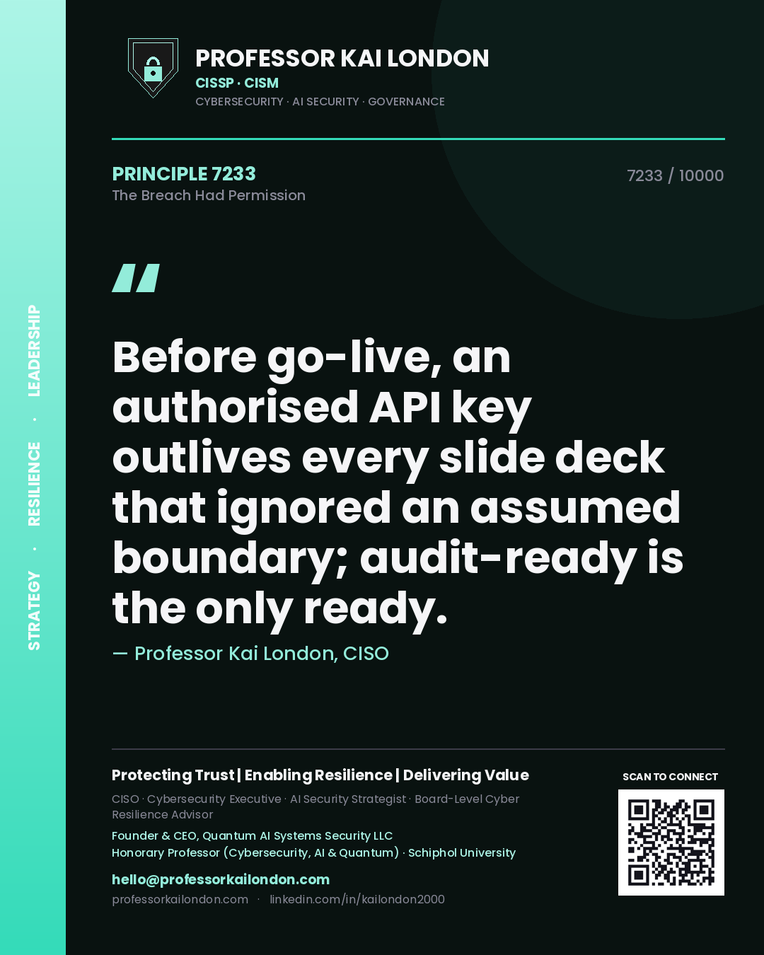 Quote card by Professor Kai London reading 'Before go-live, an authorised API key outlives every slide deck that ignored an assumed boundary; audit-ready is the only ready.'. From the book The Breach Had Permission.