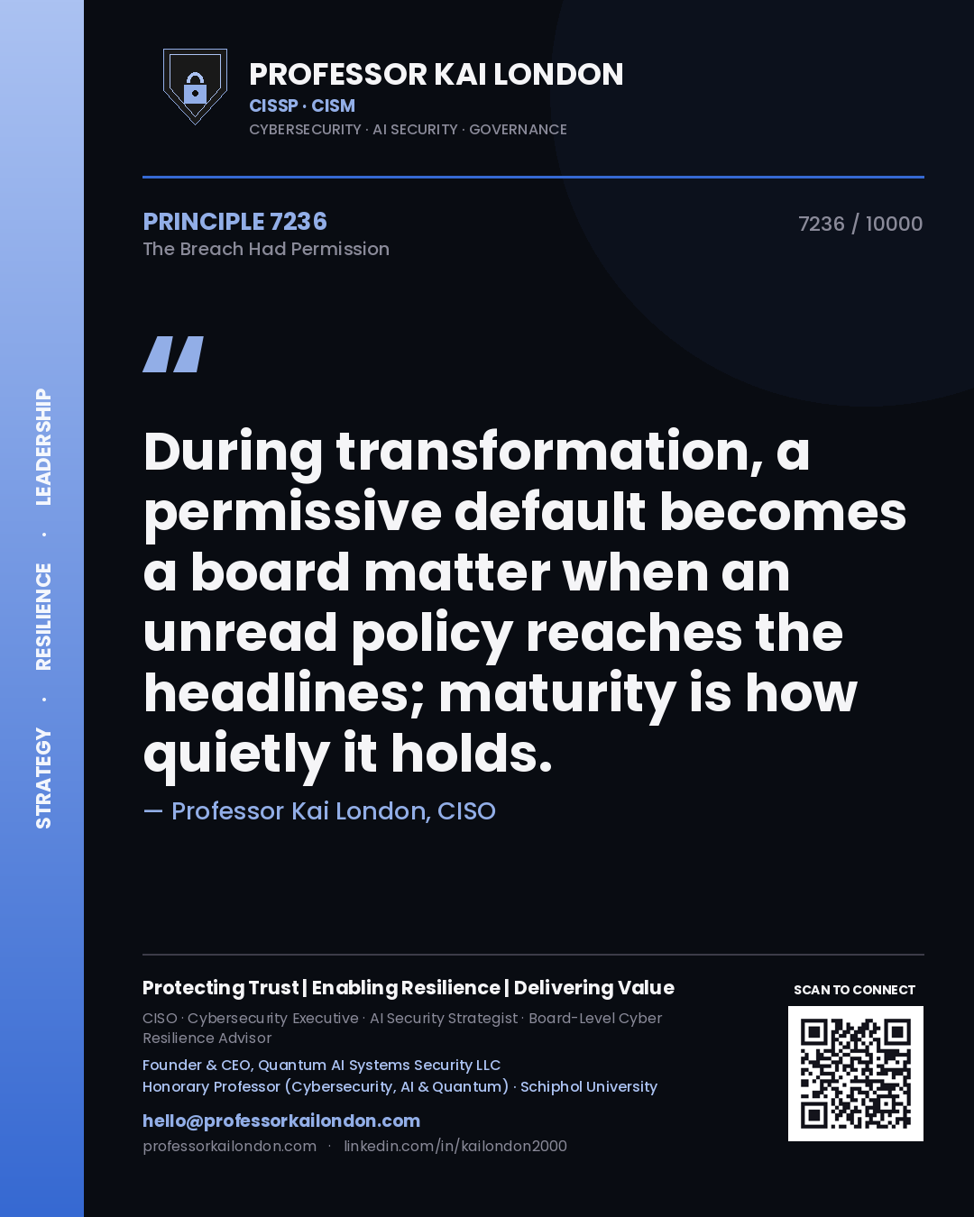 Professor Kai London principle 7236: During transformation, a permissive default becomes a board matter when an unread policy reaches the headlines; maturity is how quietly it holds.