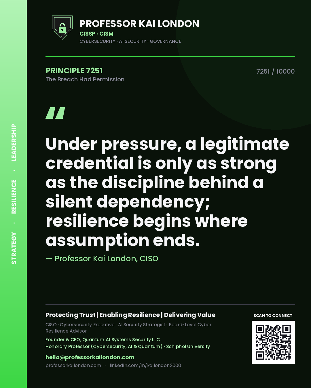 Quote card by Professor Kai London reading 'Under pressure, a legitimate credential is only as strong as the discipline behind a silent dependency; resilience begins where assumption ends.'. From the book The Breach Had Permission.