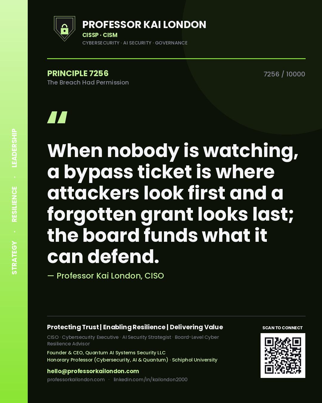 Professor Kai London principle 7256: When nobody is watching, a bypass ticket is where attackers look first and a forgotten grant looks last; the board funds what it can defend.