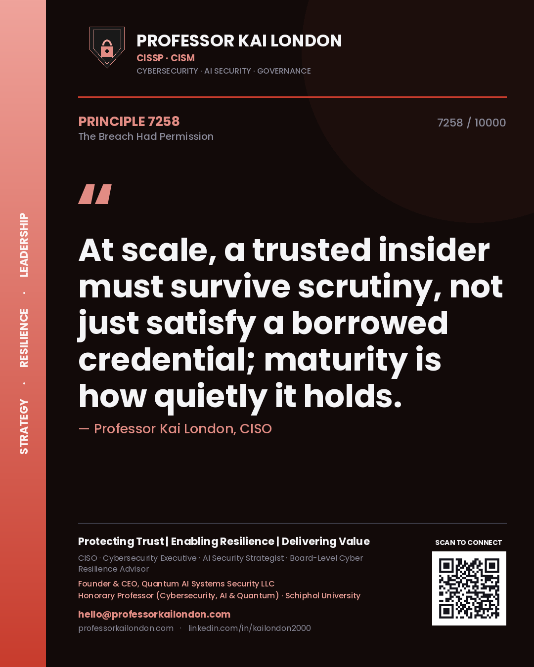 Professor Kai London principle 7258: At scale, a trusted insider must survive scrutiny, not just satisfy a borrowed credential; maturity is how quietly it holds.