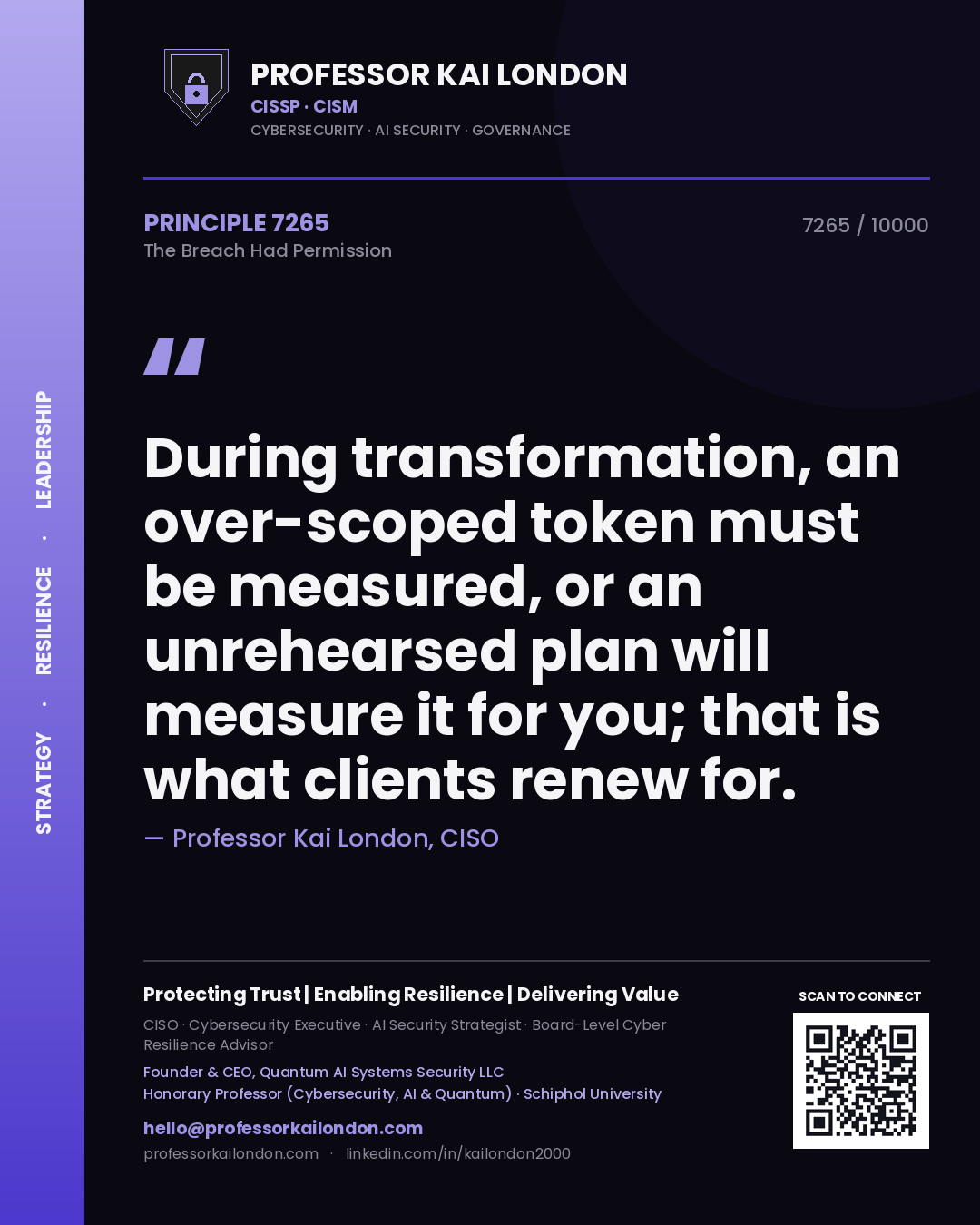 Quote card by Professor Kai London reading 'During transformation, an over-scoped token must be measured, or an unrehearsed plan will measure it for you; that is what clients renew for.'. From the book The Breach Had Permission.