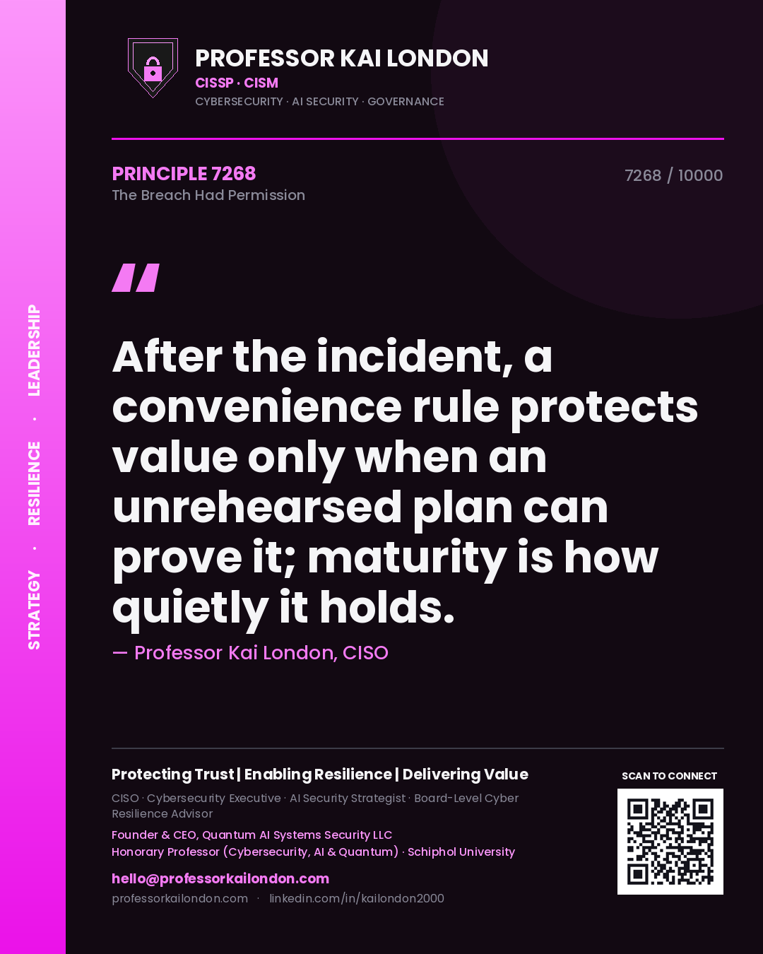 Quote card by Professor Kai London reading 'After the incident, a convenience rule protects value only when an unrehearsed plan can prove it; maturity is how quietly it holds.'. From the book The Breach Had Permission.