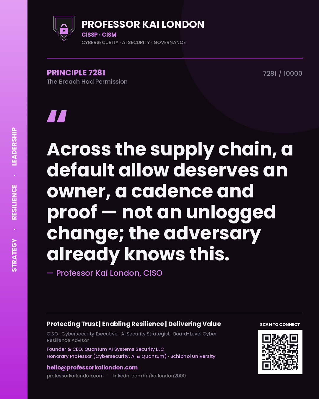 Professor Kai London principle 7281: Across the supply chain, a default allow deserves an owner, a cadence and proof — not an unlogged change; the adversary already knows this.