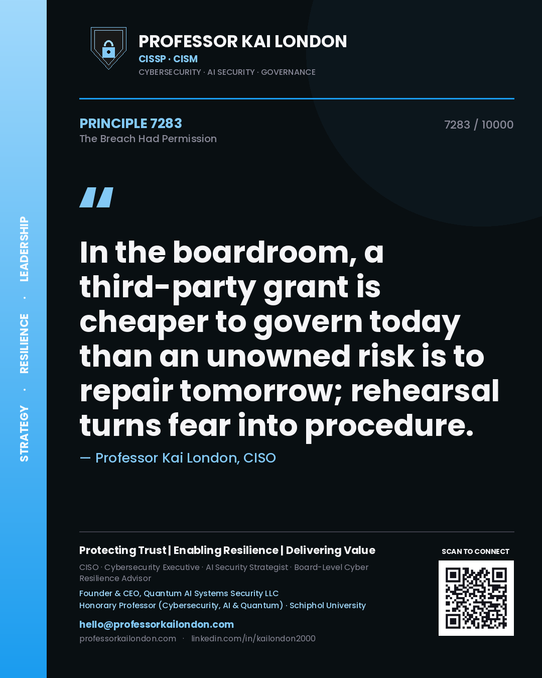 Professor Kai London principle 7283: In the boardroom, a third-party grant is cheaper to govern today than an unowned risk is to repair tomorrow; rehearsal turns fear into procedure.