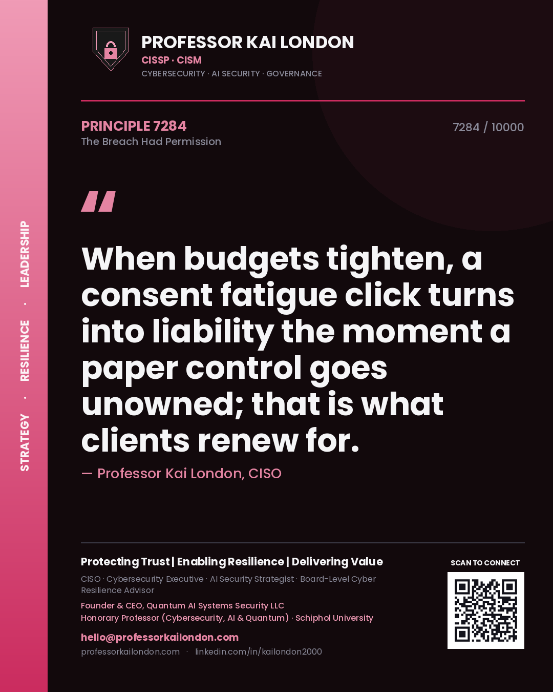 Professor Kai London principle 7284: When budgets tighten, a consent fatigue click turns into liability the moment a paper control goes unowned; that is what clients renew for.