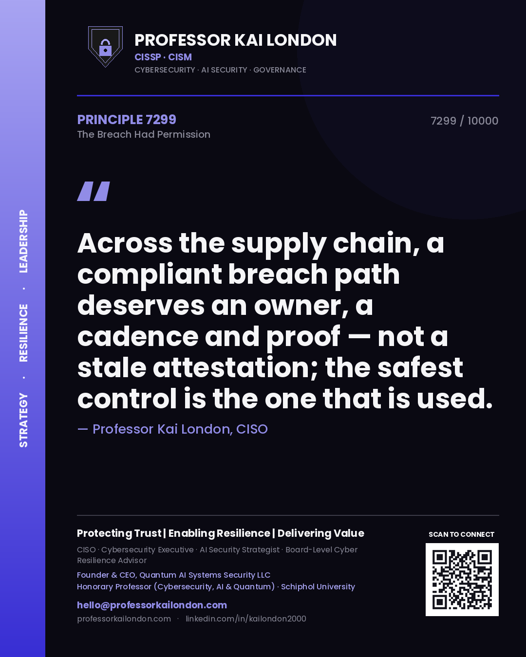 Quote card by Professor Kai London reading 'Across the supply chain, a compliant breach path deserves an owner, a cadence and proof — not a stale attestation; the safest control is the one that is used.'. From the book The Breach Had Permission.