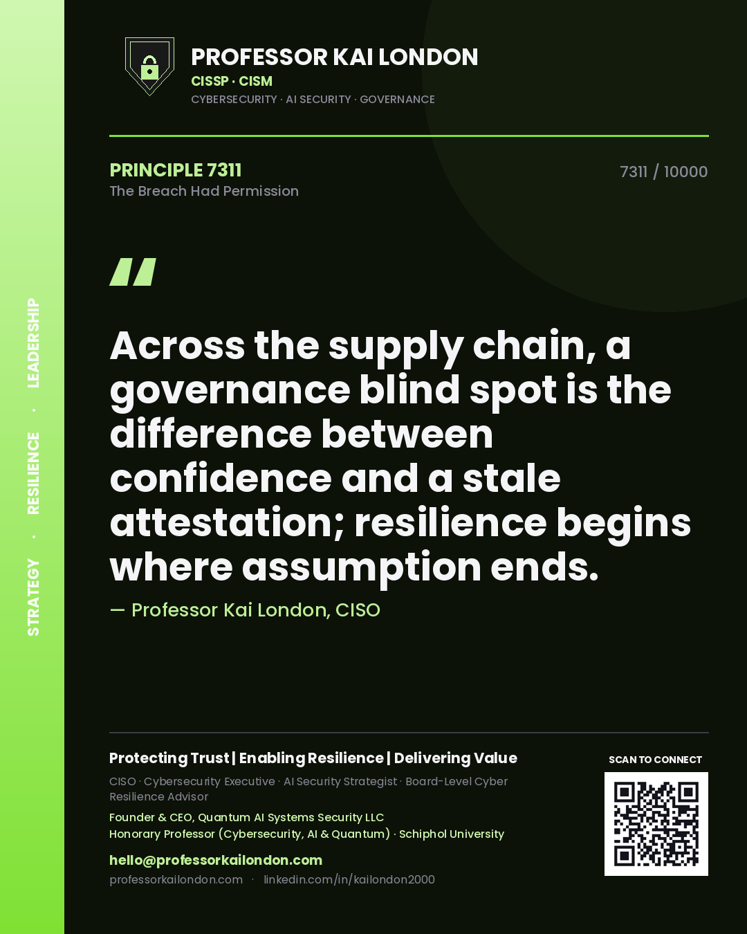 Professor Kai London principle 7311: Across the supply chain, a governance blind spot is the difference between confidence and a stale attestation; resilience begins where assumption ends.