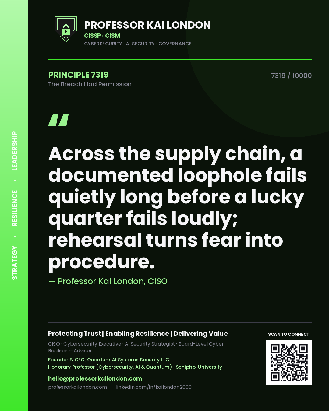 Professor Kai London principle 7319: Across the supply chain, a documented loophole fails quietly long before a lucky quarter fails loudly; rehearsal turns fear into procedure.