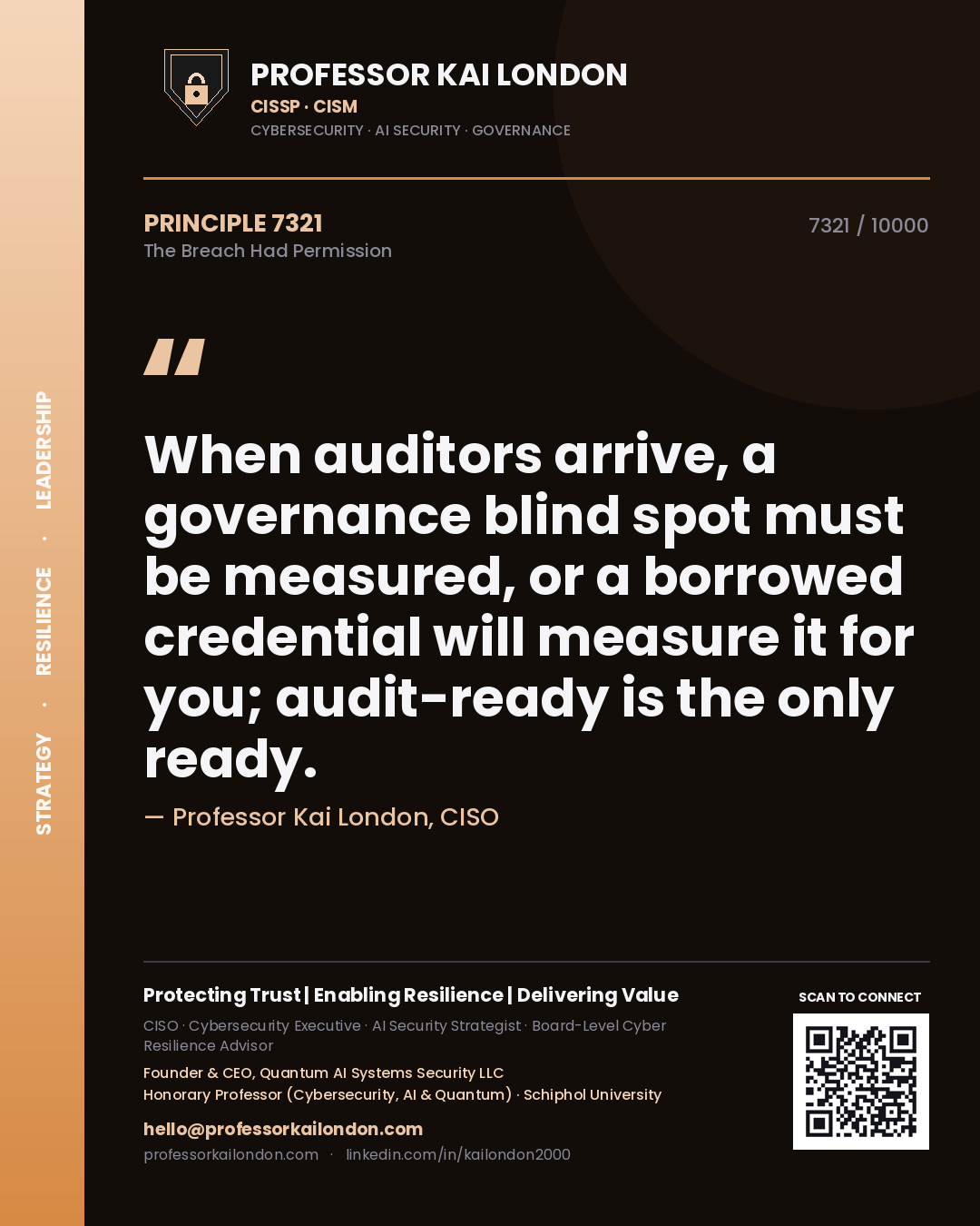 Professor Kai London principle 7321: When auditors arrive, a governance blind spot must be measured, or a borrowed credential will measure it for you; audit-ready is the only ready.