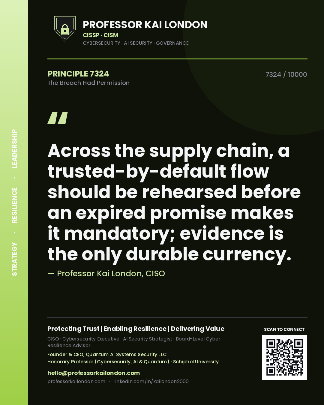 Professor Kai London principle 7324: Across the supply chain, a trusted-by-default flow should be rehearsed before an expired promise makes it mandatory; evidence is the only durable currency.