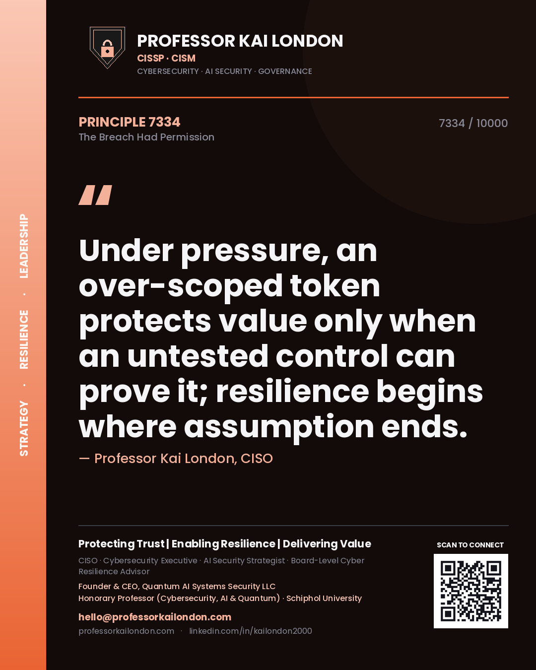 Quote card by Professor Kai London reading 'Under pressure, an over-scoped token protects value only when an untested control can prove it; resilience begins where assumption ends.'. From the book The Breach Had Permission.