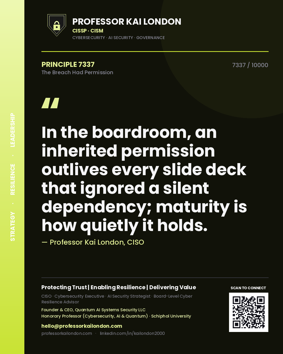 Quote card by Professor Kai London reading 'In the boardroom, an inherited permission outlives every slide deck that ignored a silent dependency; maturity is how quietly it holds.'. From the book The Breach Had Permission.