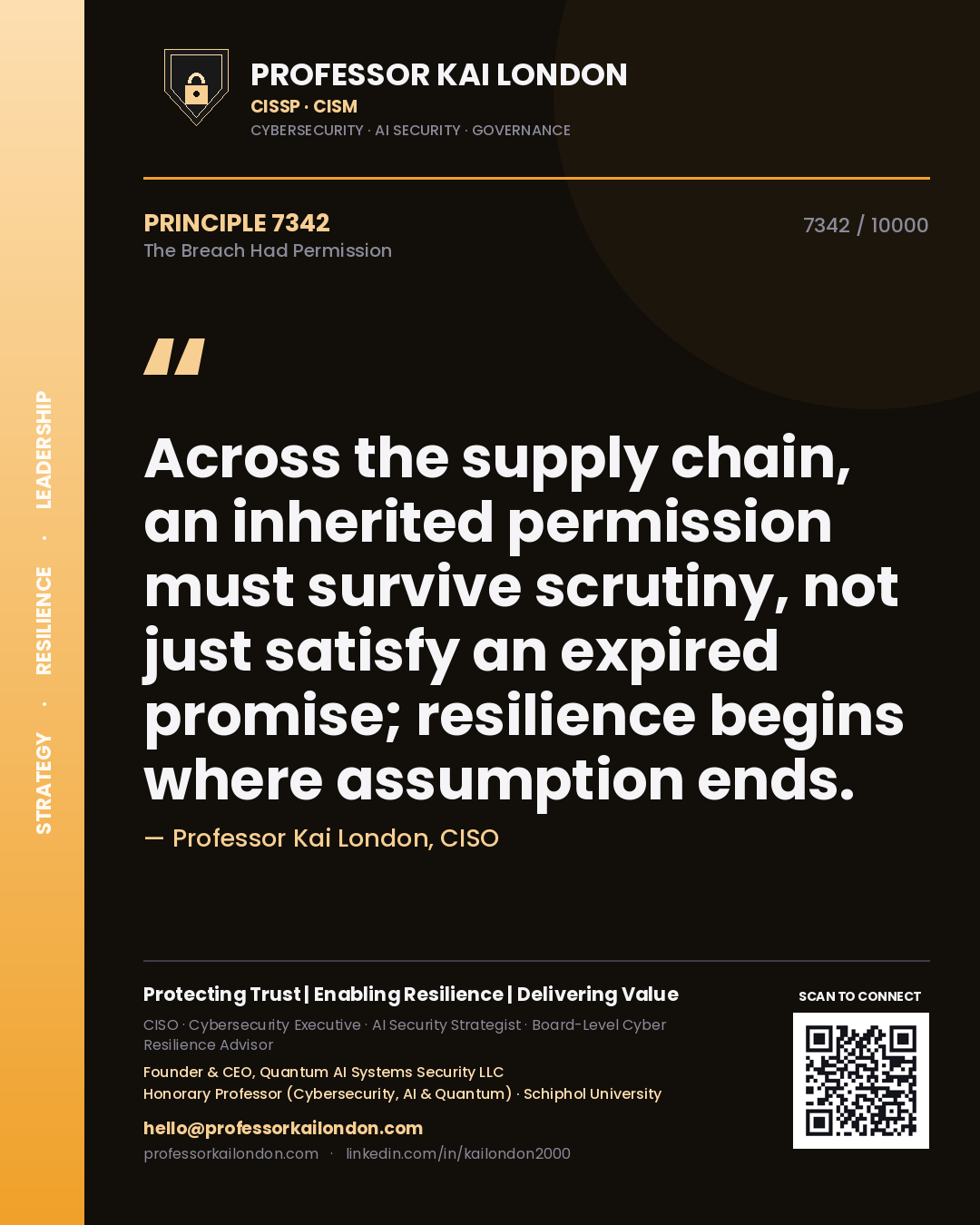 Professor Kai London principle 7342: Across the supply chain, an inherited permission must survive scrutiny, not just satisfy an expired promise; resilience begins where assumption ends.
