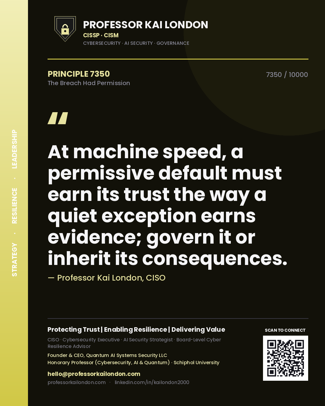 Quote card by Professor Kai London reading 'At machine speed, a permissive default must earn its trust the way a quiet exception earns evidence; govern it or inherit its consequences.'. From the book The Breach Had Permission.
